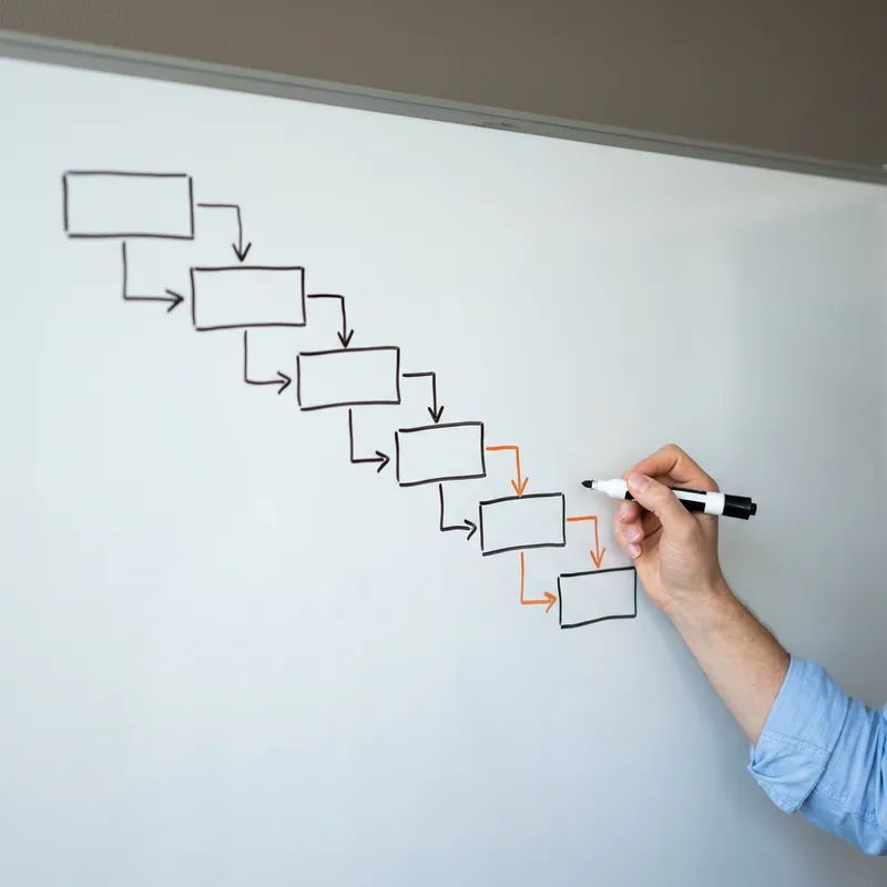 A hand drawing a stepped cascade of connected boxes on a whiteboard using black and orange markers