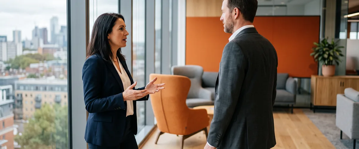 Two mid-market executives agreeing AI governance rules before rolling AI tools out across the company