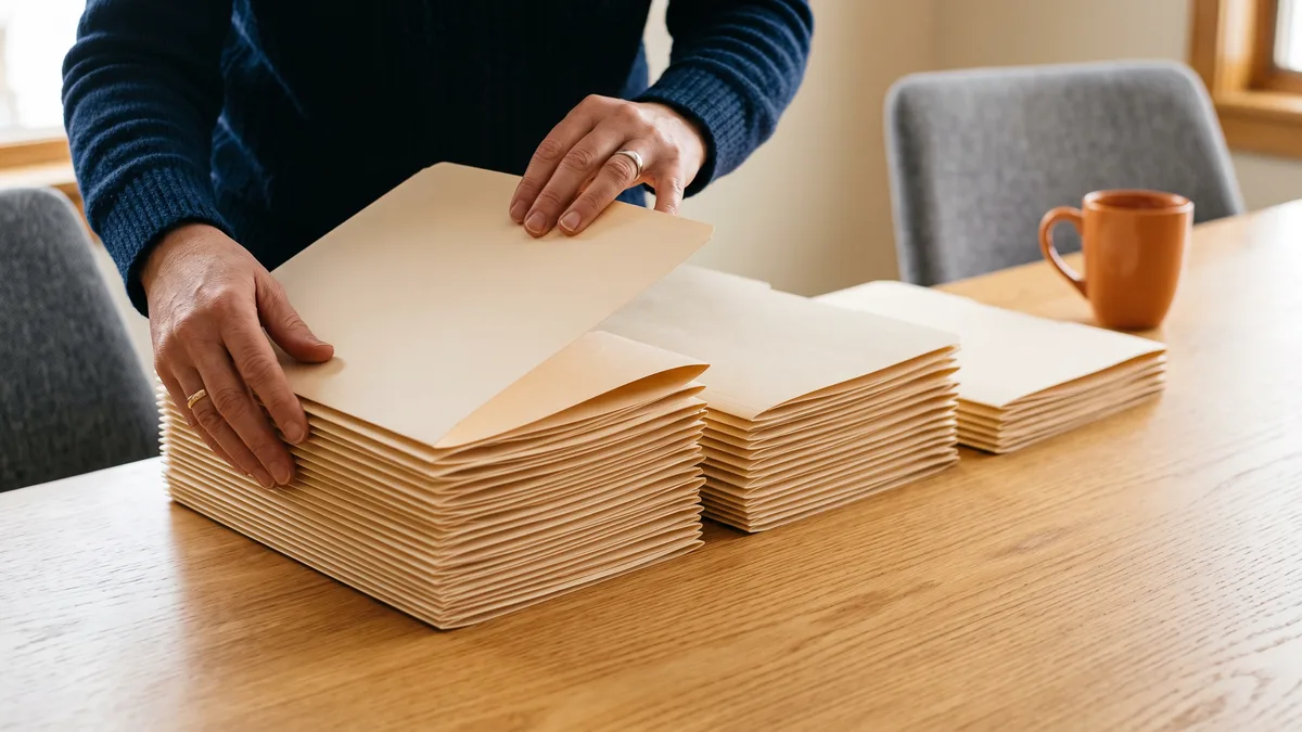 Hands sorting folders into three stacks representing class A, B and C AI work under a written AI governance standard