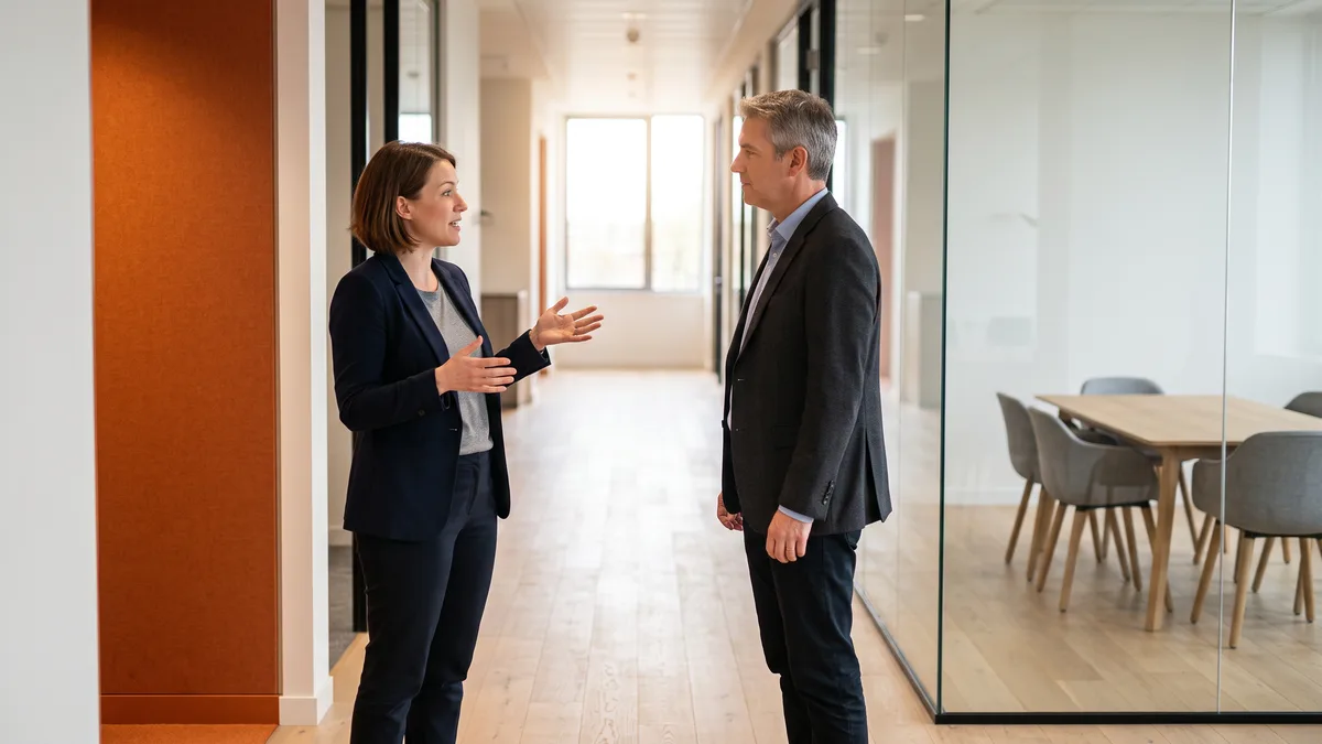 Two colleagues deciding who owns the company AI governance standard after it is written
