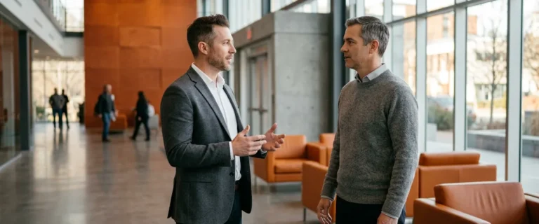 Engineering executive and finance leader discussing AI implementation cost in an office lobby