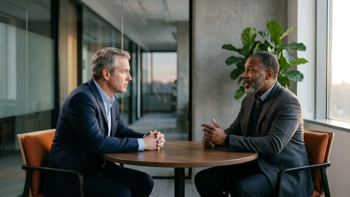 Two technology leaders seated at a table working through solid line and dotted line AI reporting structure