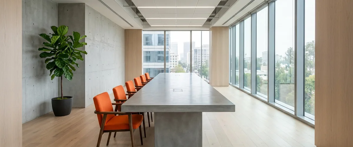 Empty modern conference room with orange accent chairs where AI and ML team org chart decisions are made