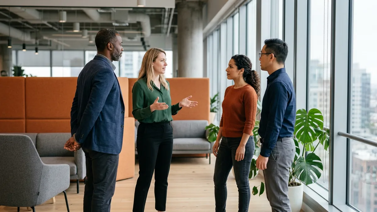 Four AI and ML professionals standing in a modern office discussing how to structure their AI team