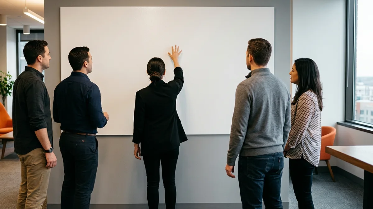 AI and ML team gathered at a whiteboard mapping out their org chart and hiring order
