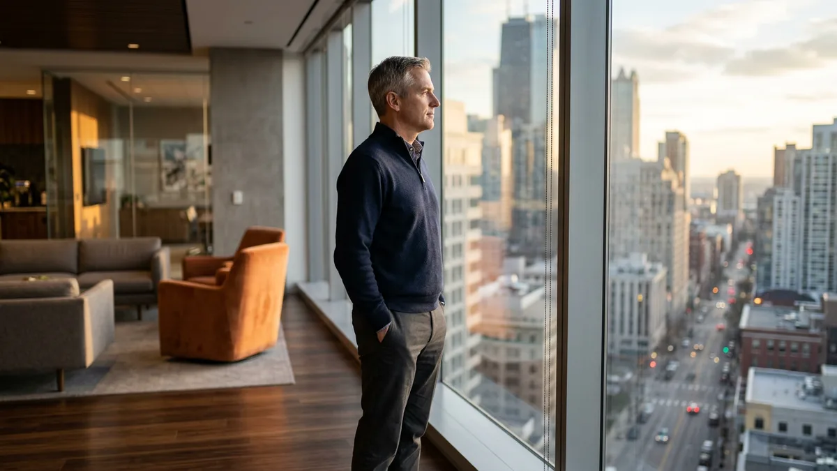Engineering executive at an office window weighing the portfolio cost of AI pilots that never reached production