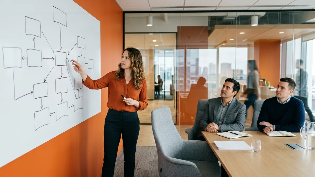 Team mapping AI pilot to production cost line items on a whiteboard in a conference room