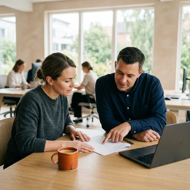 Two engineers reviewing model documentation together at a shared desk in a bright Midtown Atlanta office