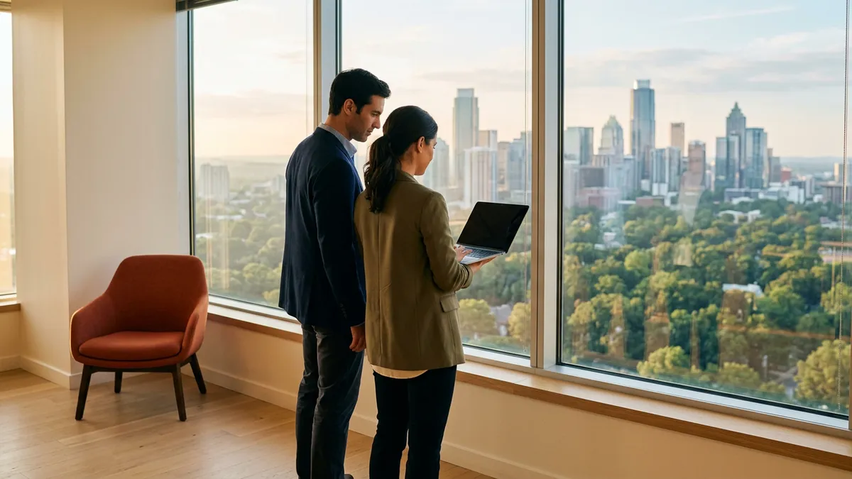 Two colleagues reviewing an operations dashboard beside a window above the Midtown Atlanta skyline