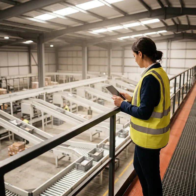 Engineer with a tablet on a mezzanine walkway above a working distribution centre sortation floor