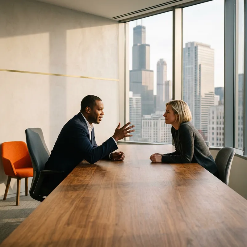Two colleagues talking across a bare walnut table in a bright Chicago conference room