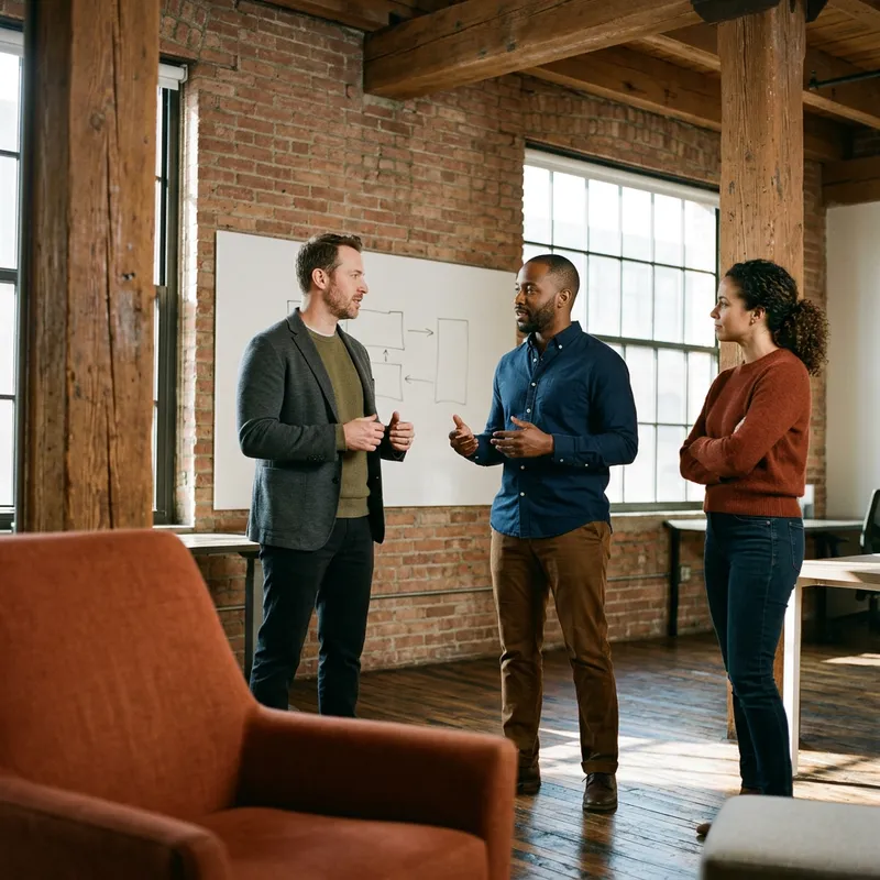 Three colleagues in discussion in a Fulton Market loft office with exposed brick and timber beams