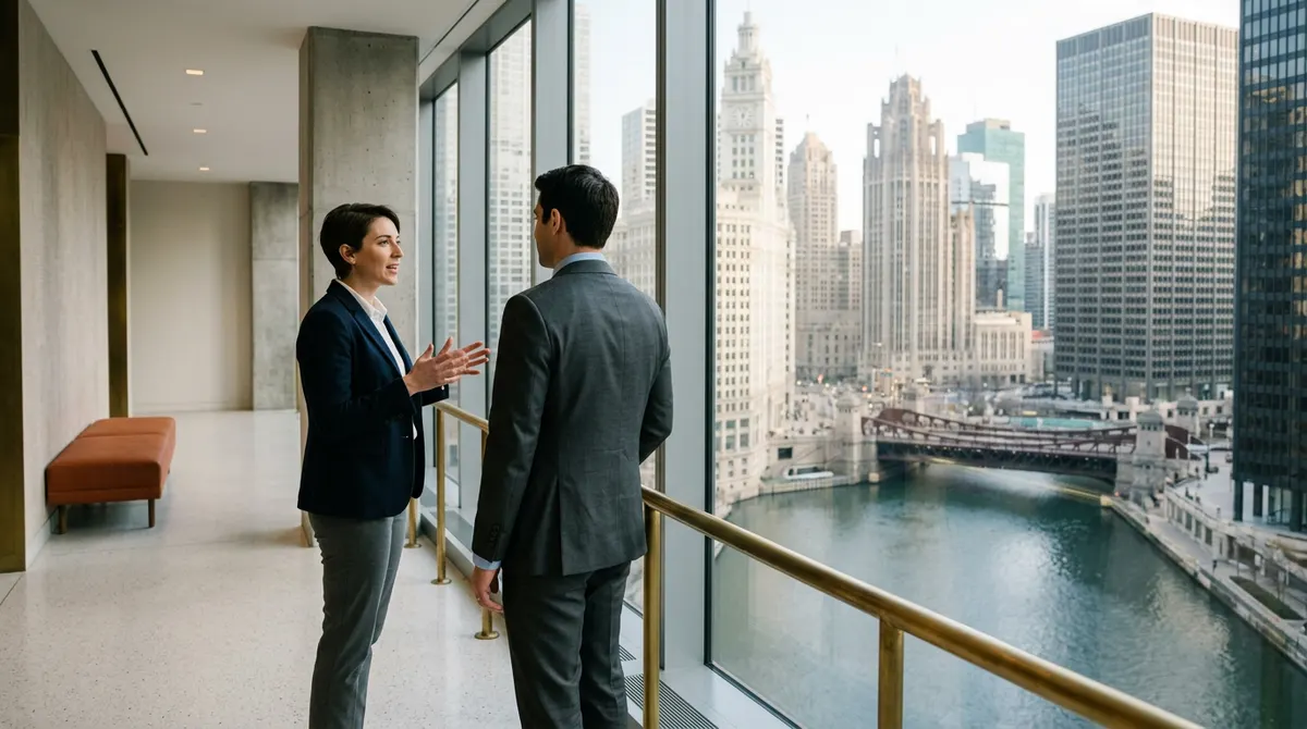 Two colleagues talking beside a high-floor window over the Chicago River in morning light