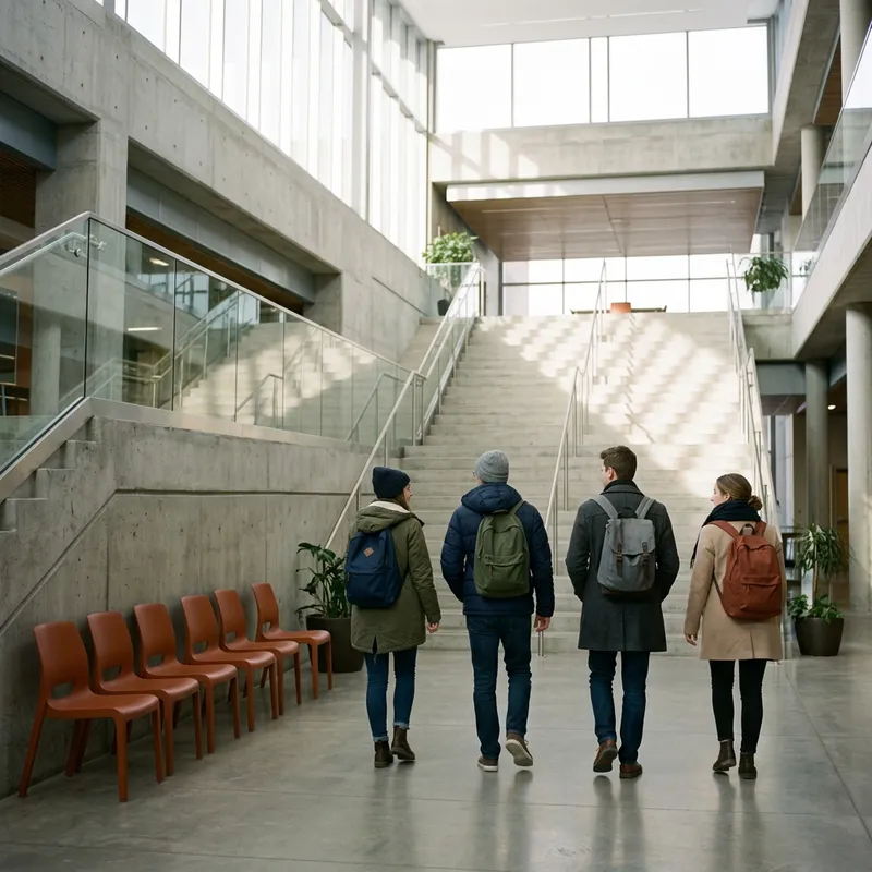 Engineering students walking through a bright concrete and glass academic atrium in the Midwest