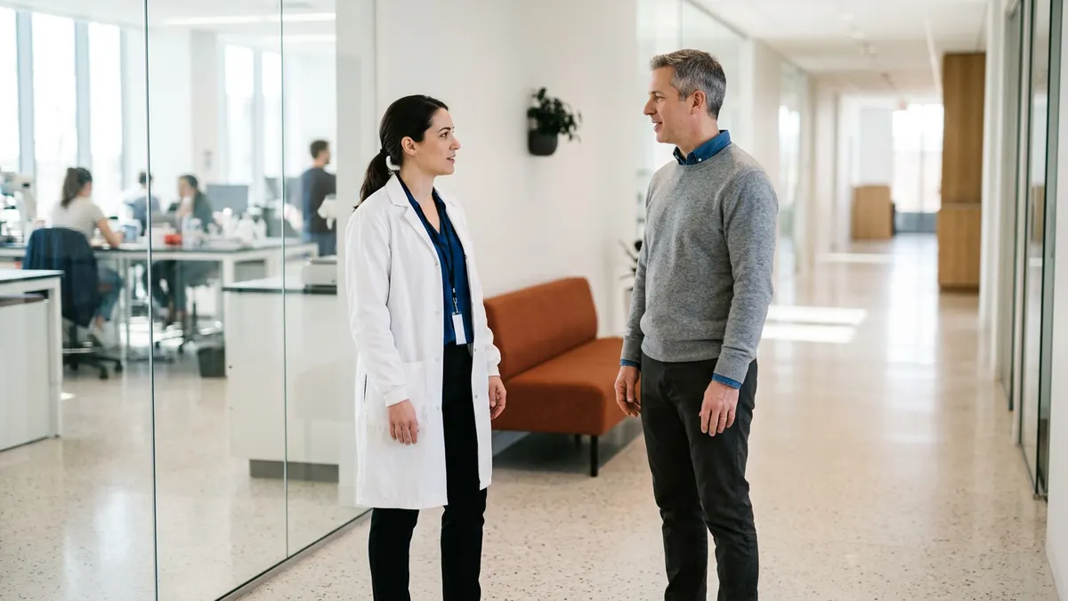 A researcher in an open lab coat talking with a colleague in a bright Philadelphia research building corridor