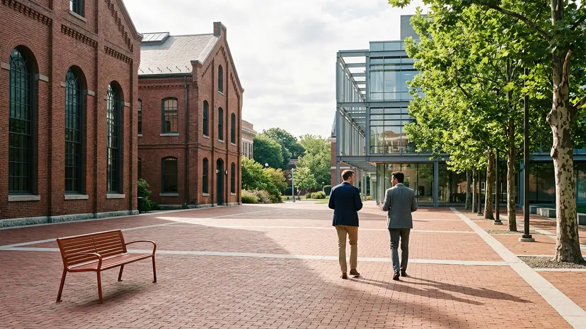 Two professionals walking across a red brick plaza between a restored industrial building and a modern research building in Philadelphia