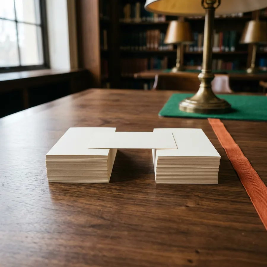 Two stacks of blank record cards on a walnut library table with a single card bridging the gap between them
