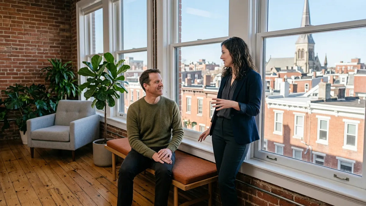 Two colleagues talking beside a tall window in a brick-walled Philadelphia office overlooking rowhouse rooftops in morning light