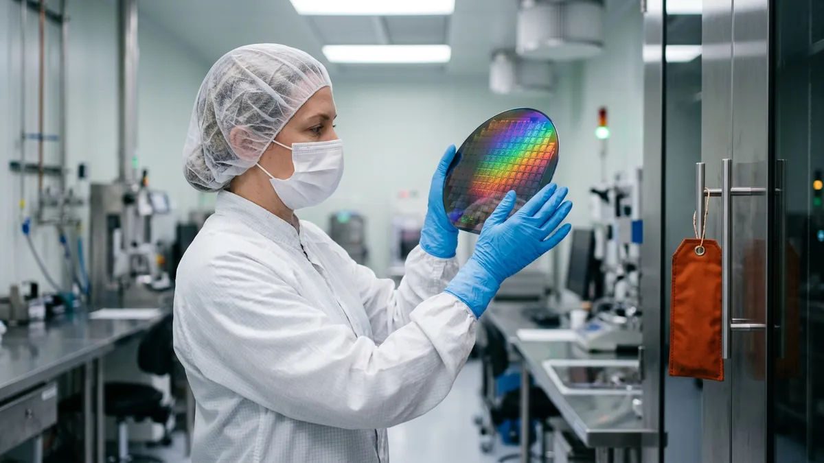 An engineer in a white cleanroom smock holding a patterned silicon wafer up to the light in a bright Hillsboro semiconductor lab