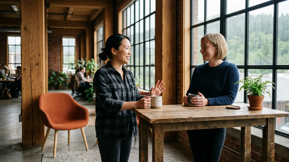 Two engineers talking at a standing desk in a timber-beamed Portland office with rain on tall windows and green hills beyond