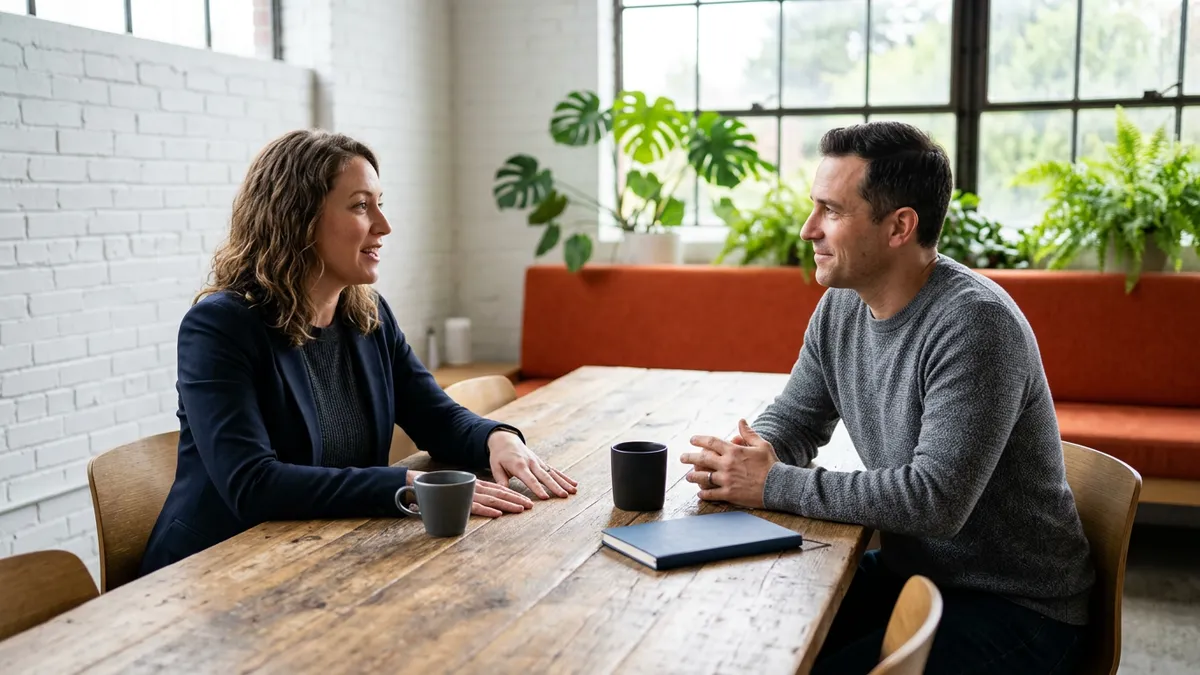 Two colleagues talking across a wooden table in a bright Portland office with coffee cups and a closed notebook between them