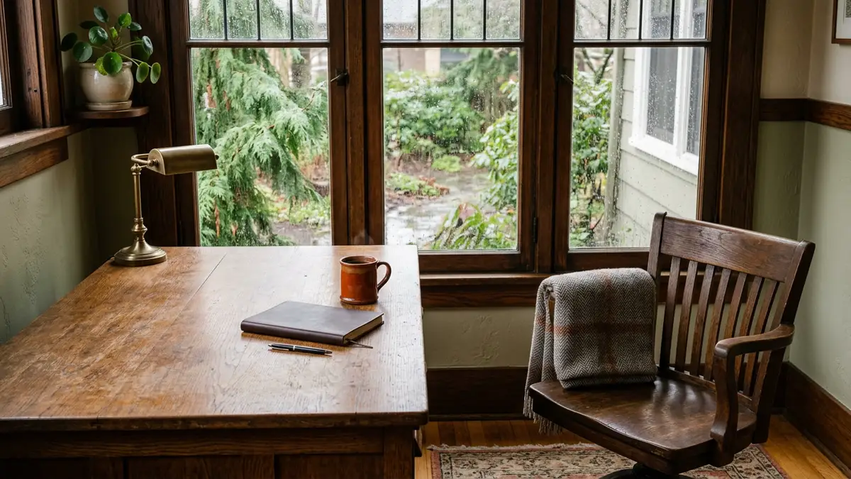 A home office desk beside a rain-streaked window in a Craftsman house, with a closed notebook, a pen and a mug of coffee