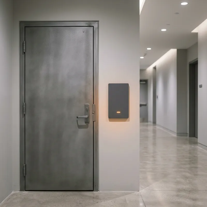 Card reader beside a heavy steel security door in a quiet corridor at a San Diego defense engineering facility