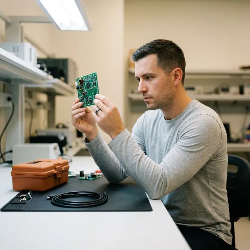 Engineer examining a small circuit board at a clean lab bench in a San Diego hardware lab