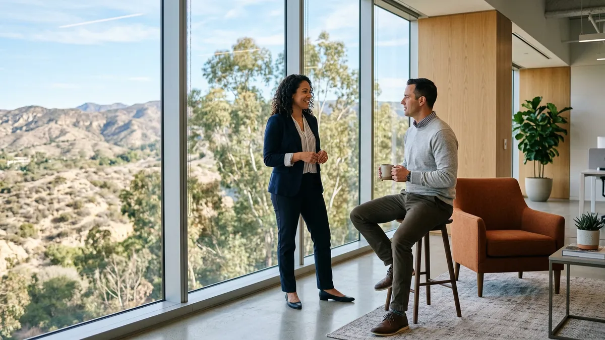 Two colleagues talking beside a floor-to-ceiling window overlooking dry mesa hills in San Diego morning light
