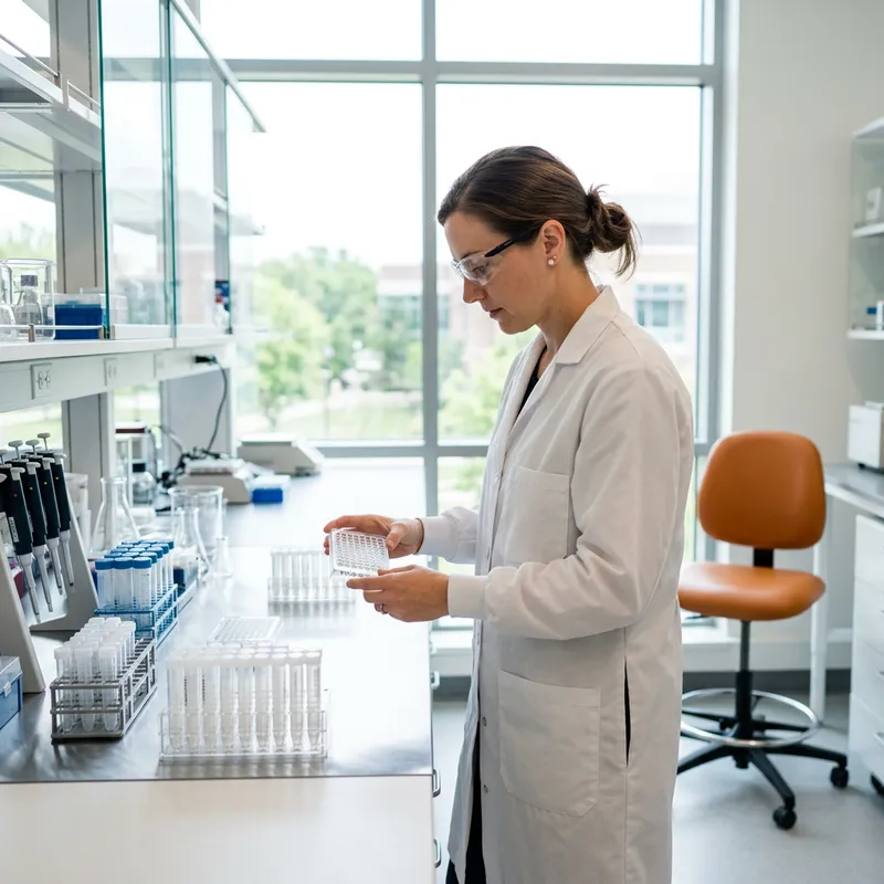 Scientist holding a sample plate at a bench in a bright genomics laboratory in Torrey Pines