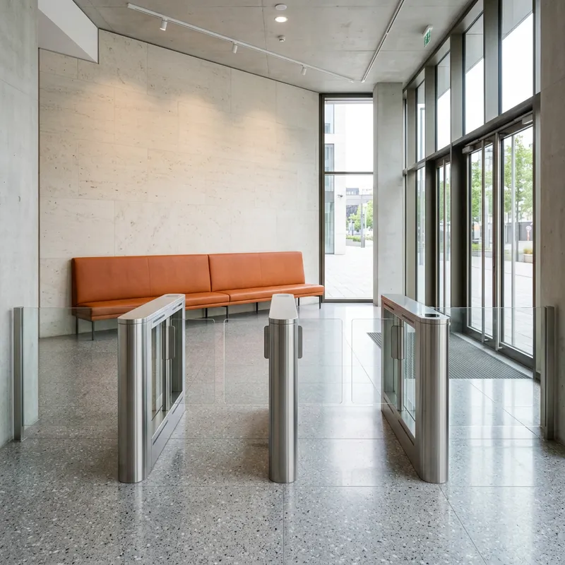 Brushed steel optical turnstiles and an orange bench in an empty modern office lobby in Arlington Virginia