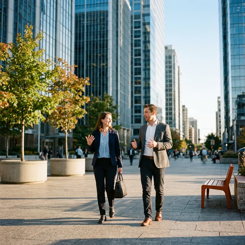 Two professionals walking and talking across a wide plaza between modern glass office towers in the Northern Virginia technology corridor