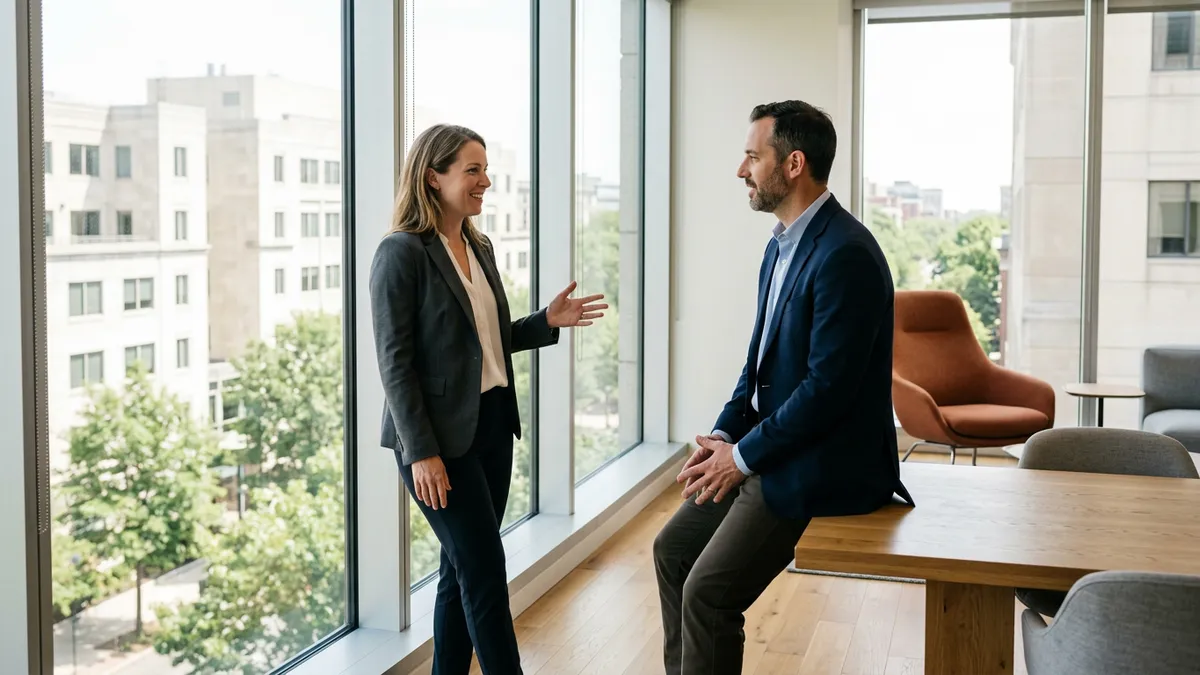 Two colleagues talking beside a tall window overlooking low limestone office buildings and mature trees in Washington DC morning light
