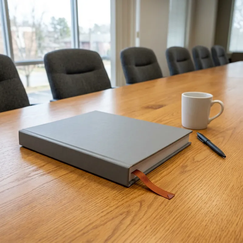 Closed grey document binder with an orange tab on a wide oak conference table in a quiet Washington DC meeting room