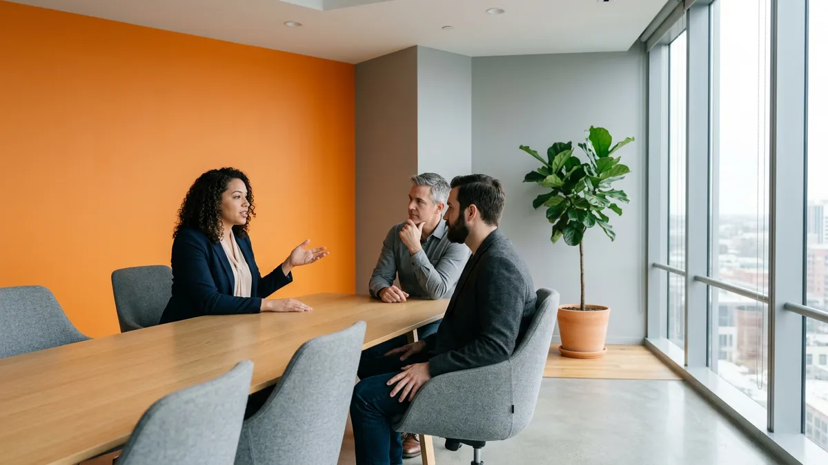 Hiring manager and recruiters in a conference room deciding who owns Play Console releases for an Android role