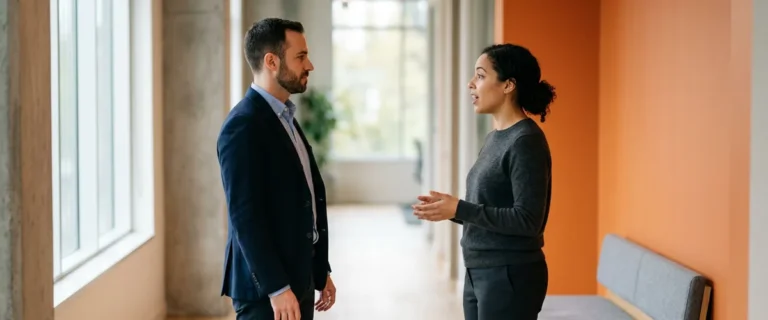 Two hiring team members talking in an office corridor while scoping an Android developer job description