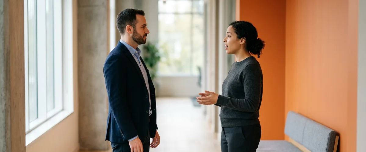 Two hiring team members talking in an office corridor while scoping an Android developer job description