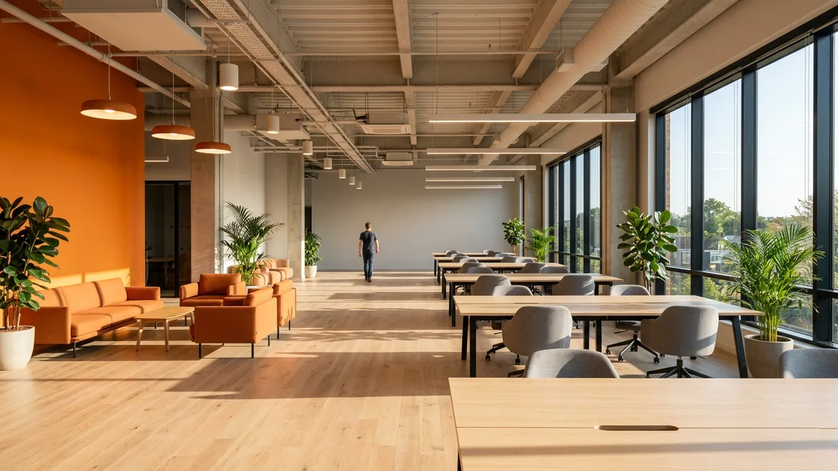 Modern open-plan technology office where Android development teams build phone, Wear OS, and Automotive apps