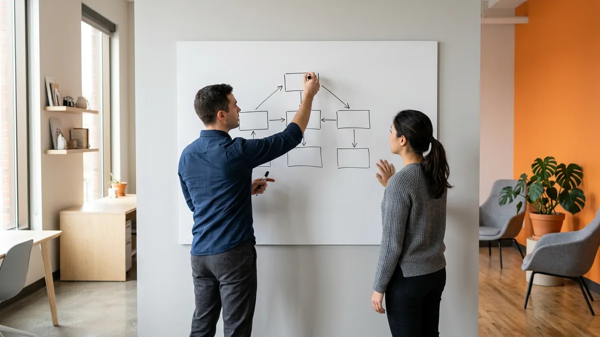 Two Android engineers mapping a Jetpack Compose migration on a whiteboard before writing the job description
