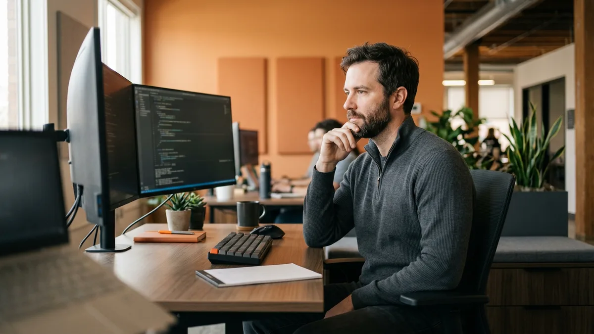 Application security engineer reviewing source code on dual monitors during a secure code review