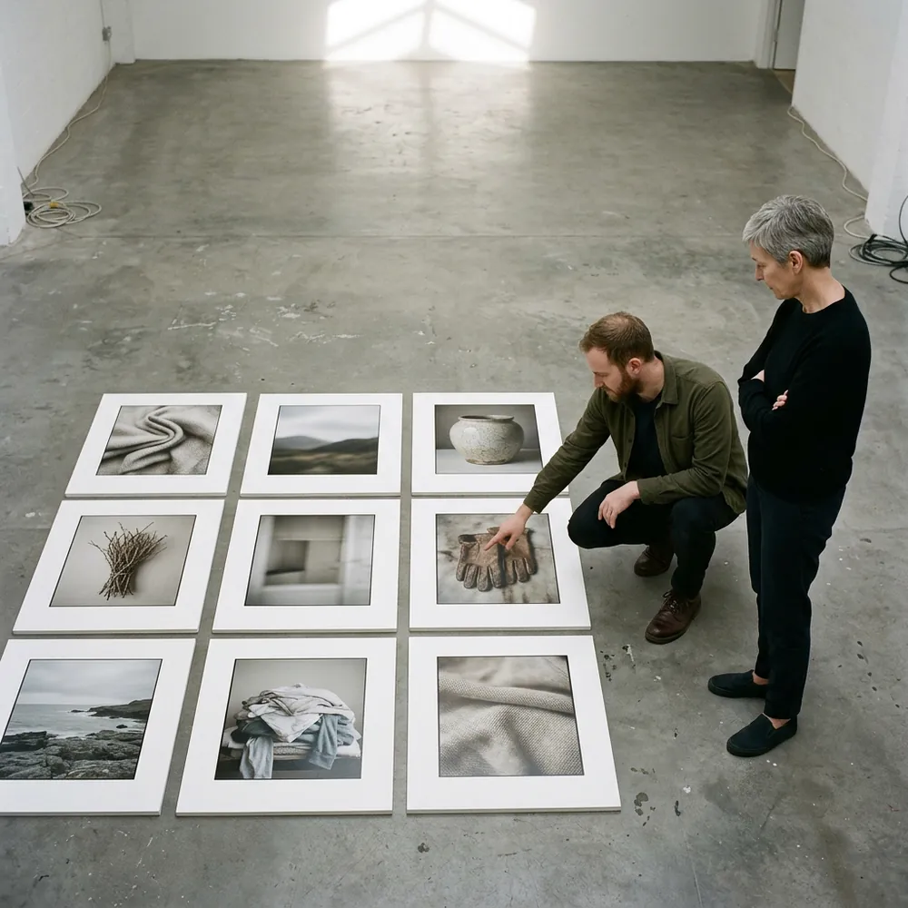 Two people reviewing nine large photographic prints laid out in a grid on a concrete studio floor