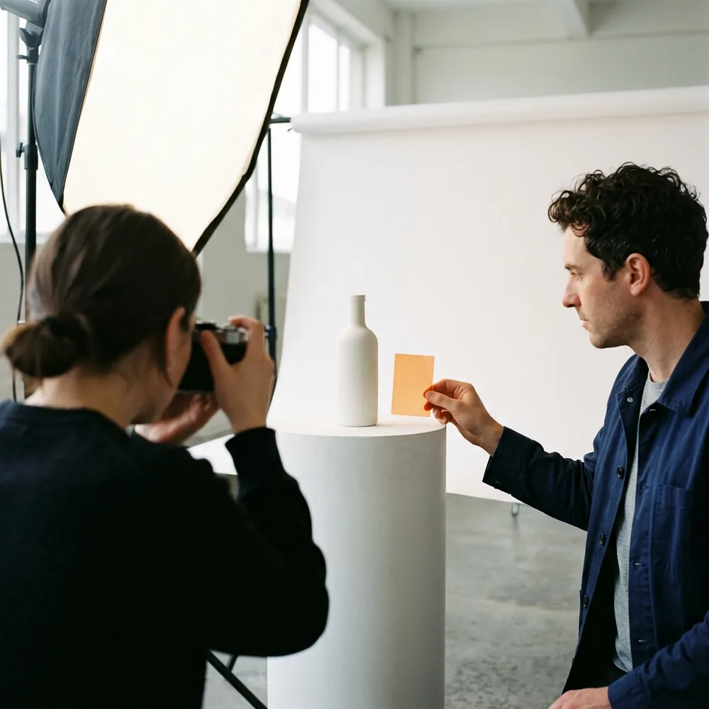 Art director holding an orange gel beside a white ceramic bottle on a plinth during a studio product shoot