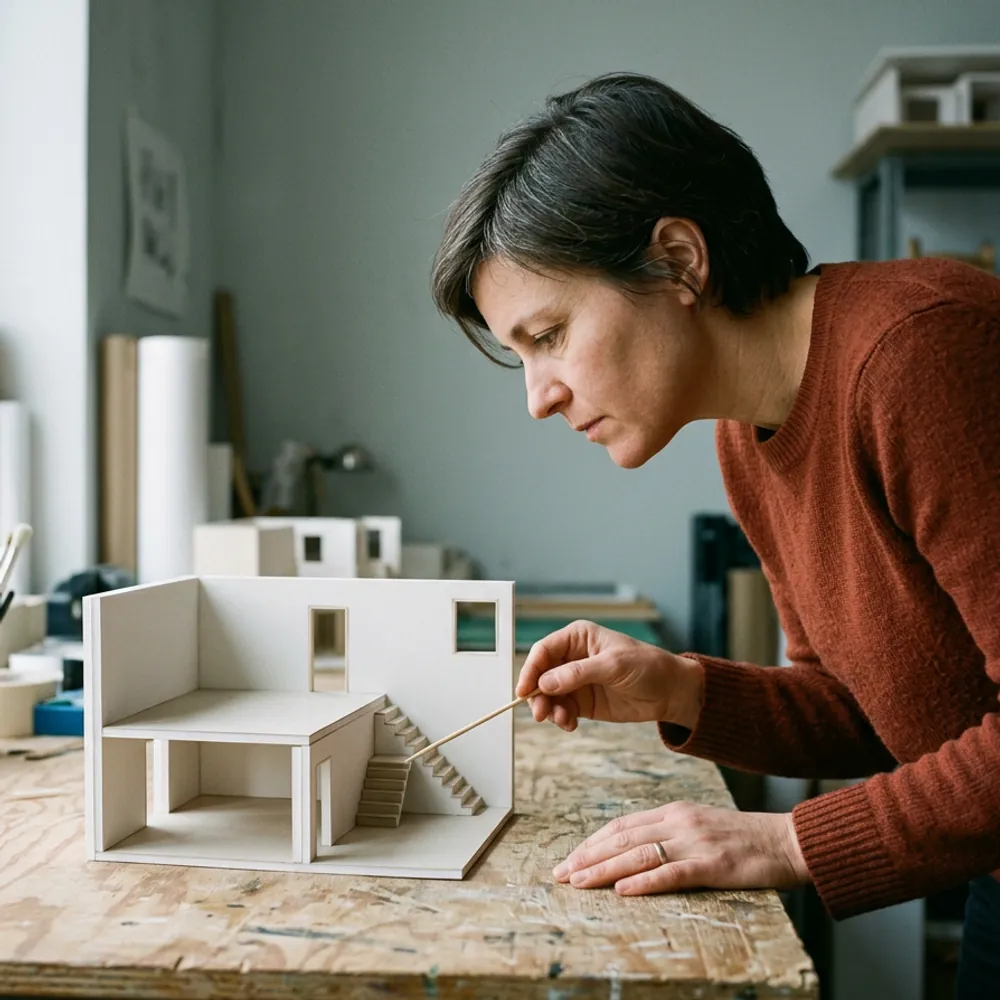 Art director leaning over a white card scale model of a film set, pointing at the staircase with a wooden skewer