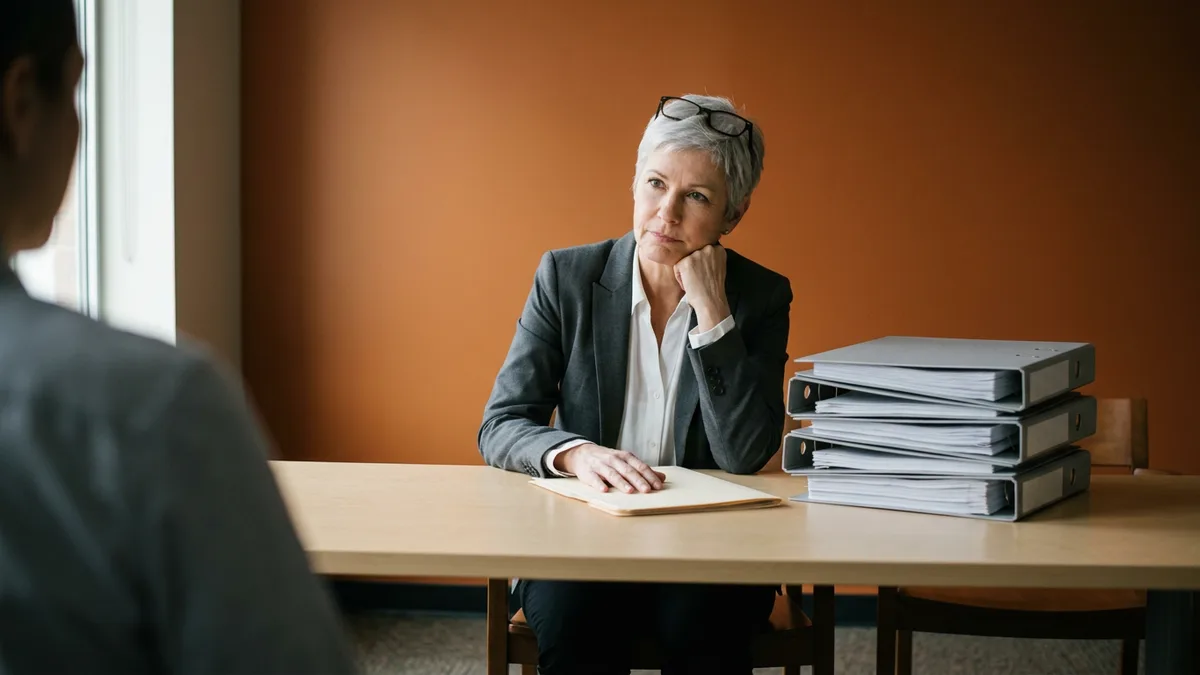 External auditor with silver hair seated at a conference table beside a stack of grey binders, listening with a skeptical expression during SOC 2 fieldwork