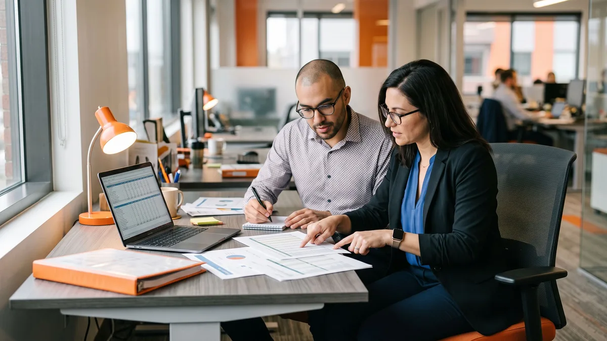 Contract senior accountant and company controller reviewing year-end close schedules together at a desk during audit fieldwork