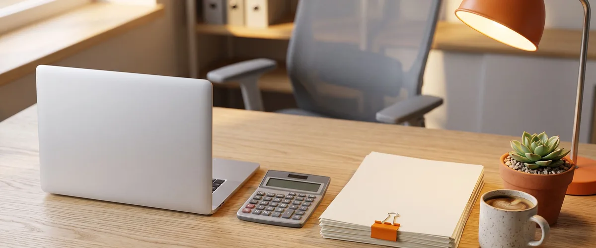 Accounting desk workspace with laptop, calculator, and reports symbolizing year-end close and audit season staffing