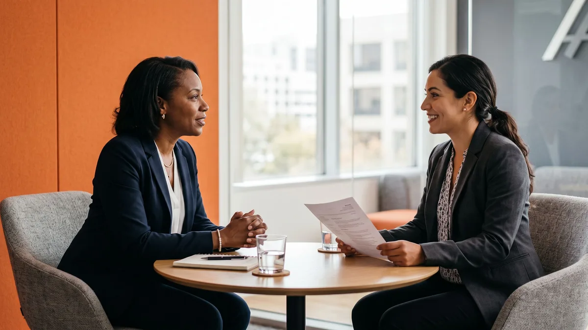 Hiring manager interviewing a contract accounting candidate about audit and year-end close experience in a bright office