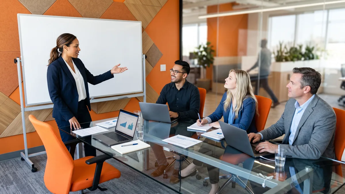 Finance team collaborating around a conference table during a year-end close planning session with a close checklist