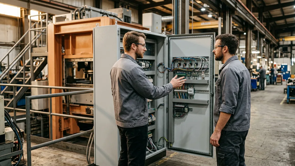 Hiring manager and automation engineer candidate discussing wiring inside an open industrial control cabinet during a technical interview