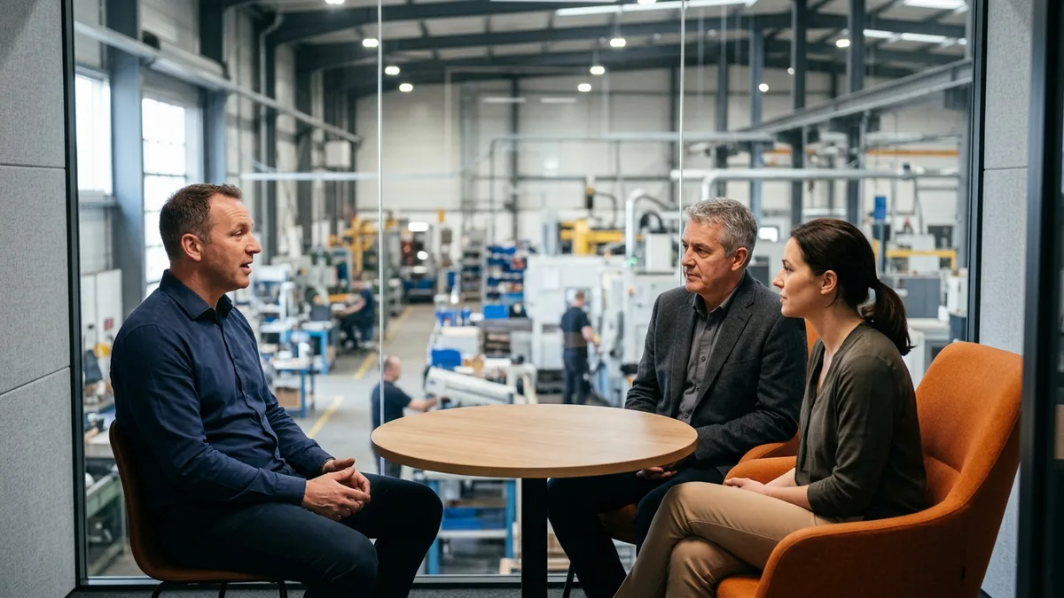 Three interviewers seated around a table in a glass-walled plant meeting room during an automation engineer panel interview